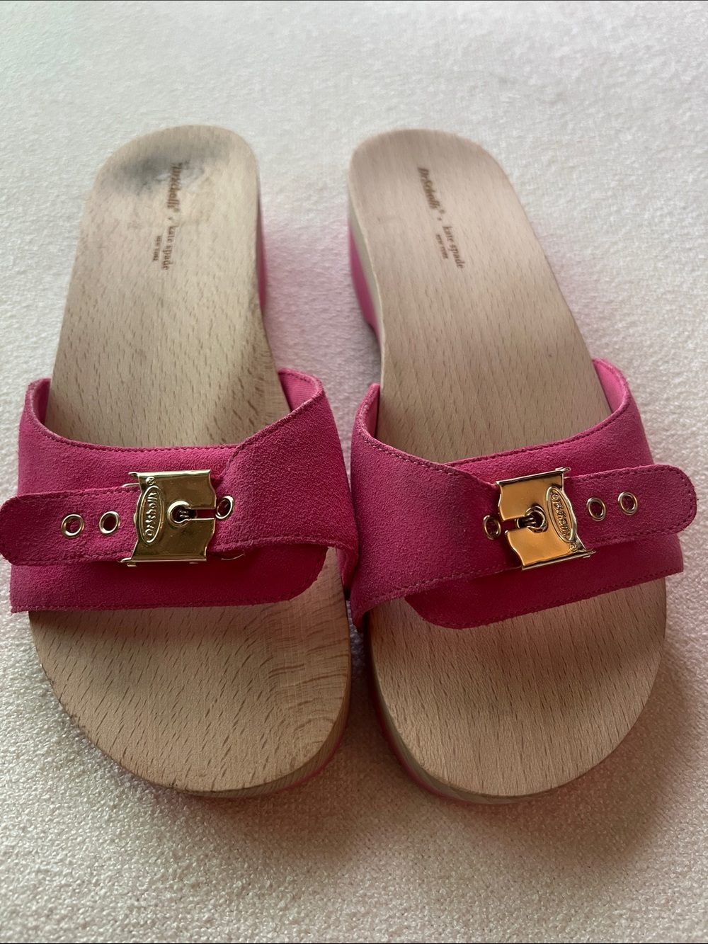 Kate Spade| Dr. Scholls Hot Pink Suede Slide Mules with Gold Buckle